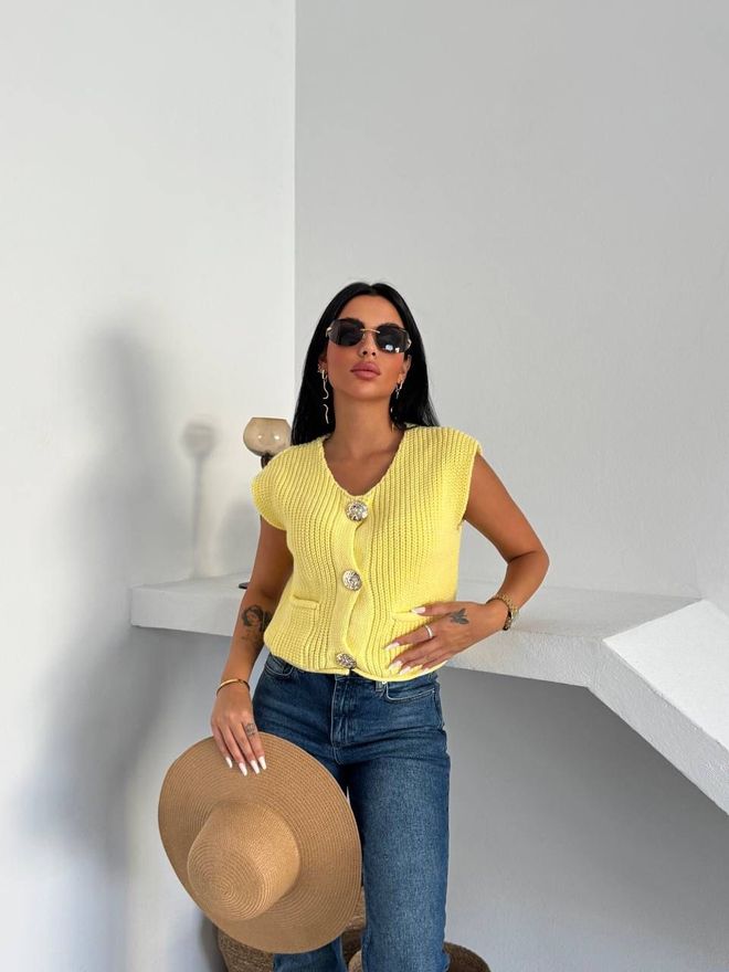 My Jest Fashion Rebeca Amarilla Sin Mangas Casual Con Bolsillo Con Solapa Ropa al por mayor Casual