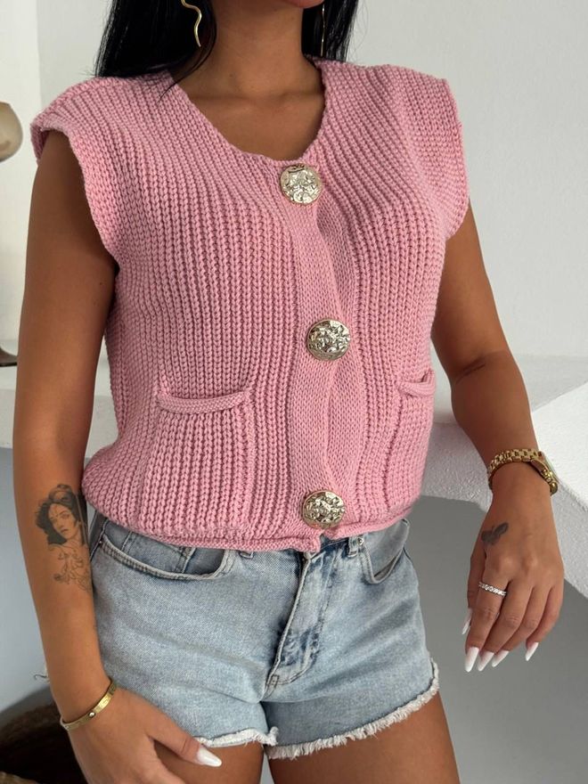 My Jest Fashion Pink Cardigan With Flap Pockets And Button Closure Wholesale Clothing Casual
