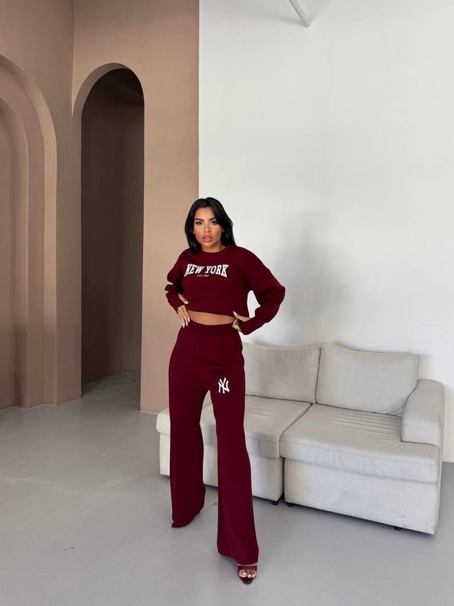 My Jest Fashion Komplet Bordowa Czerwień Casual Uliczne Spodnie Palazzo Hurtowa sprzedaż odzieży Casual