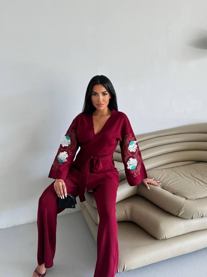My Jest Fashion Elegant Claret Red Set With Palazzo Pants Wholesale Clothing Casual