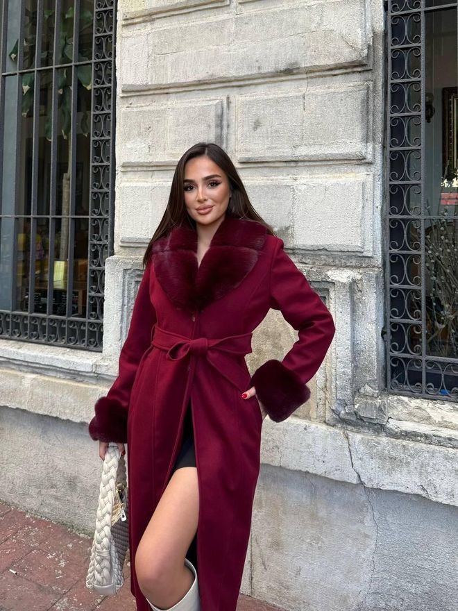 My Jest Fashion Abrigo Rojo Clarete Elegante Ajustado Con Piel Y Diseño Envolvente Ropa al por mayor Antiguo