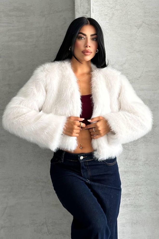 My Jest Fashion Blouson En Fourrure Blanc Avec Col En V Et Longueur Crop Vêtements en gros Décontracté