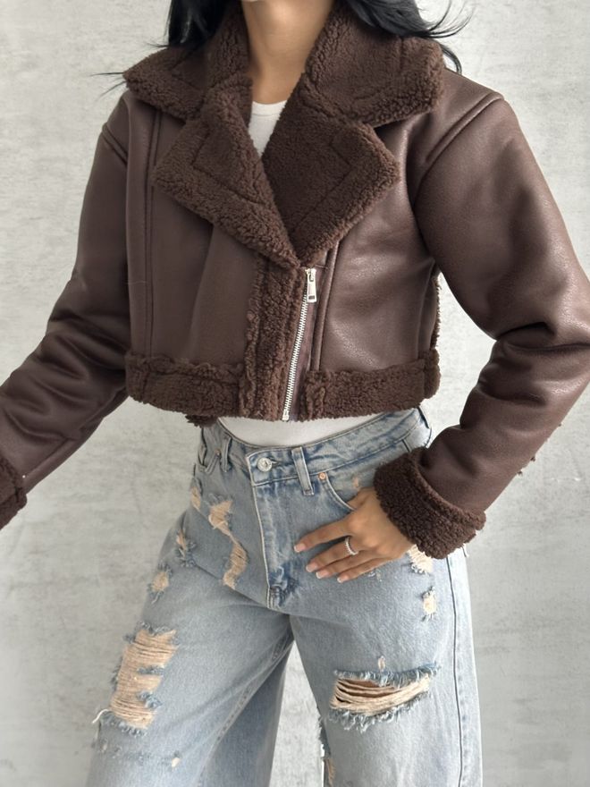 My Jest Fashion Brown Aviator Jacket With Notched Collar Wholesale Clothing Casual