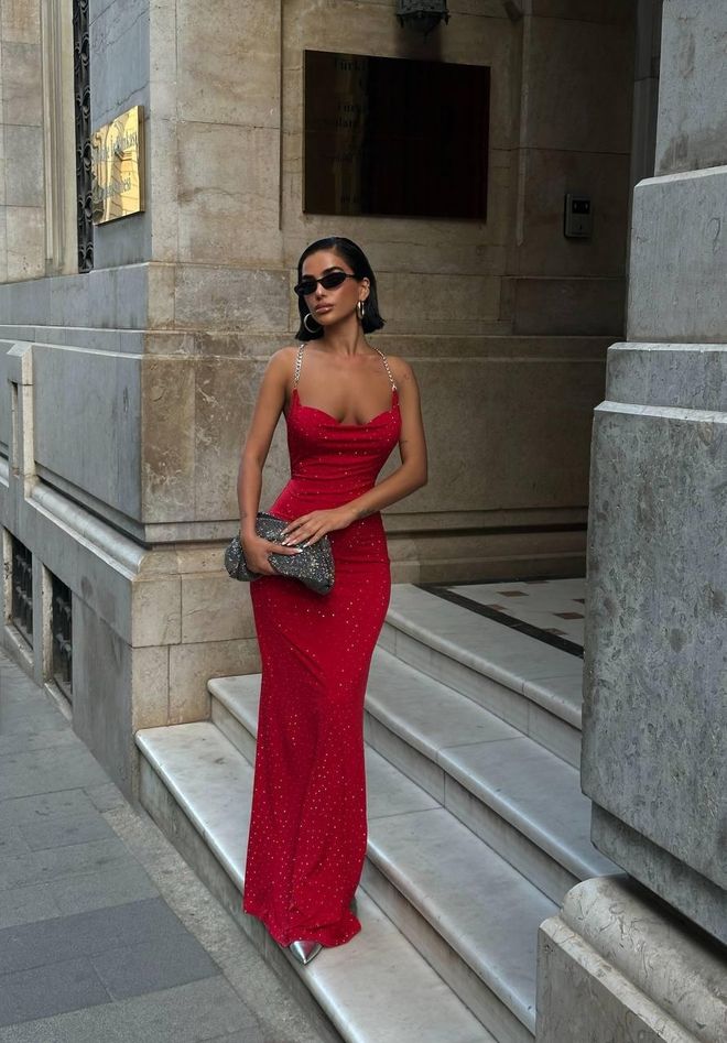 My Jest Fashion Vestito Rosso Elegante Con Paillettes Sottoveste Con Collo A Cuore Abbigliamento all'ingrosso Sexy