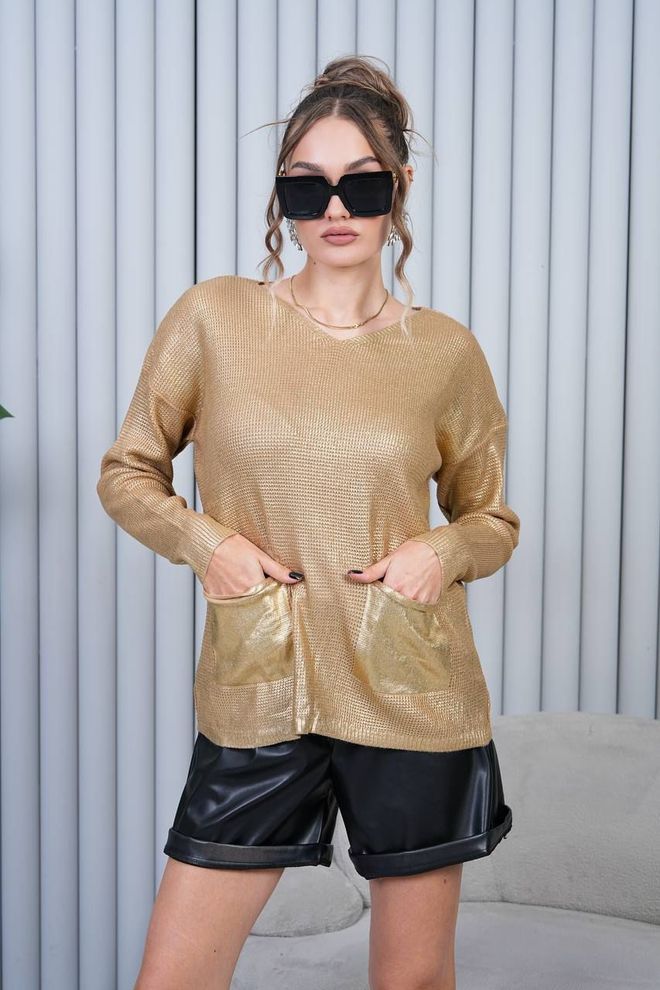 My Jest Fashion Gold Sweater Oversized V Neck Long Sleeve Casual Wholesale Clothing Casual