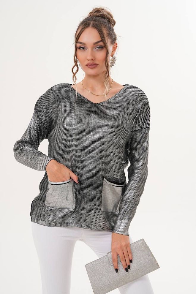 My Jest Fashion Silver Sweater With V Neck And Long Sleeves Wholesale Clothing Casual