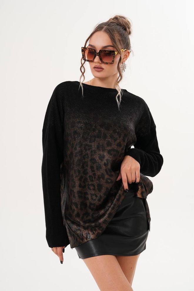 My Jest Fashion Μαύρο Πουλόβερ Με Μεγάλο Μέγεθος Και Animal Print Χονδρικό εμπόριο ενδυμάτων Casual