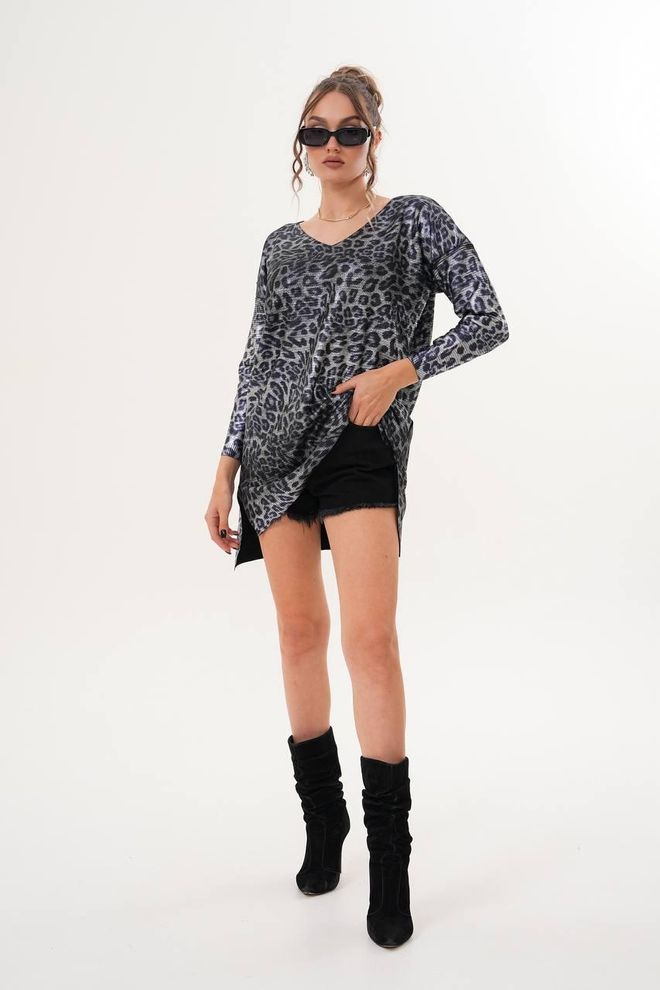 My Jest Fashion Túnica Negra Oversized Con Escote En V Y Estampado De Leopardo Ropa al por mayor Casual