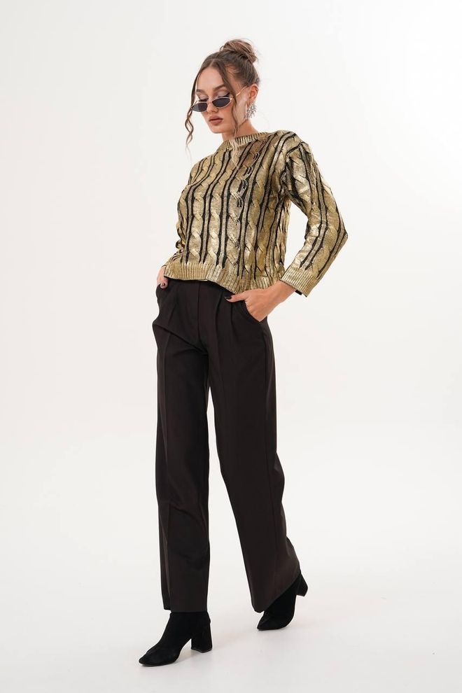 My Jest Fashion Gold Striped Sweater With 3/4 Straight Sleeves Wholesale Clothing Casual