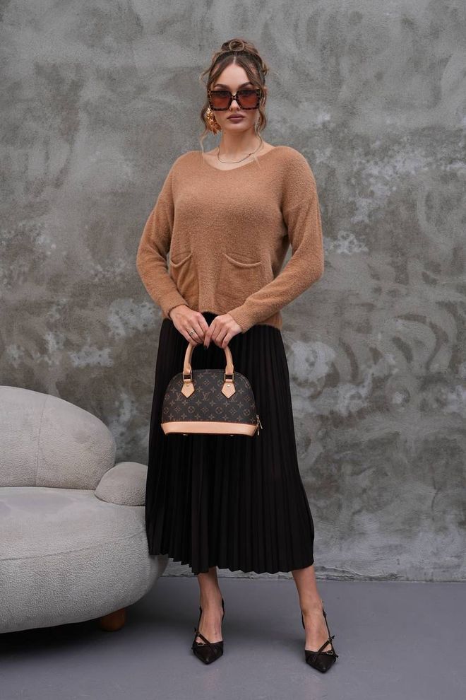 My Jest Fashion Καφέ Πουλόβερ Με Στρογγυλή Λαιμόκοψη Και Μακριά Μανίκια Χονδρικό εμπόριο ενδυμάτων Casual