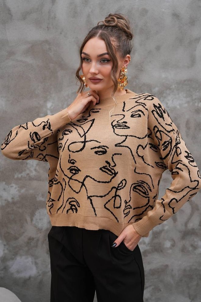 My Jest Fashion Bej Kazak Bol Kesim Bisiklet Yaka Uzun Kollu Toptan Giyim Gündelik