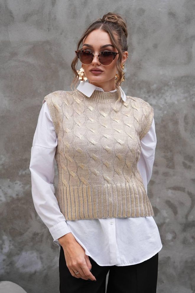 My Jest Fashion Beige Sweater With High Neck And Sleeveless Design Wholesale Clothing Casual