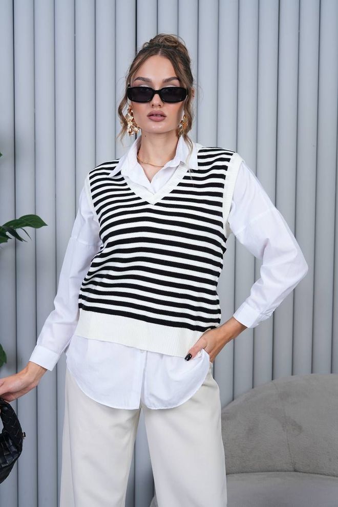 My Jest Fashion Μαύρο Αμάνικο Ριγέ Πουλόβερ Με V Λαιμόκοψη Χονδρικό εμπόριο ενδυμάτων Casual