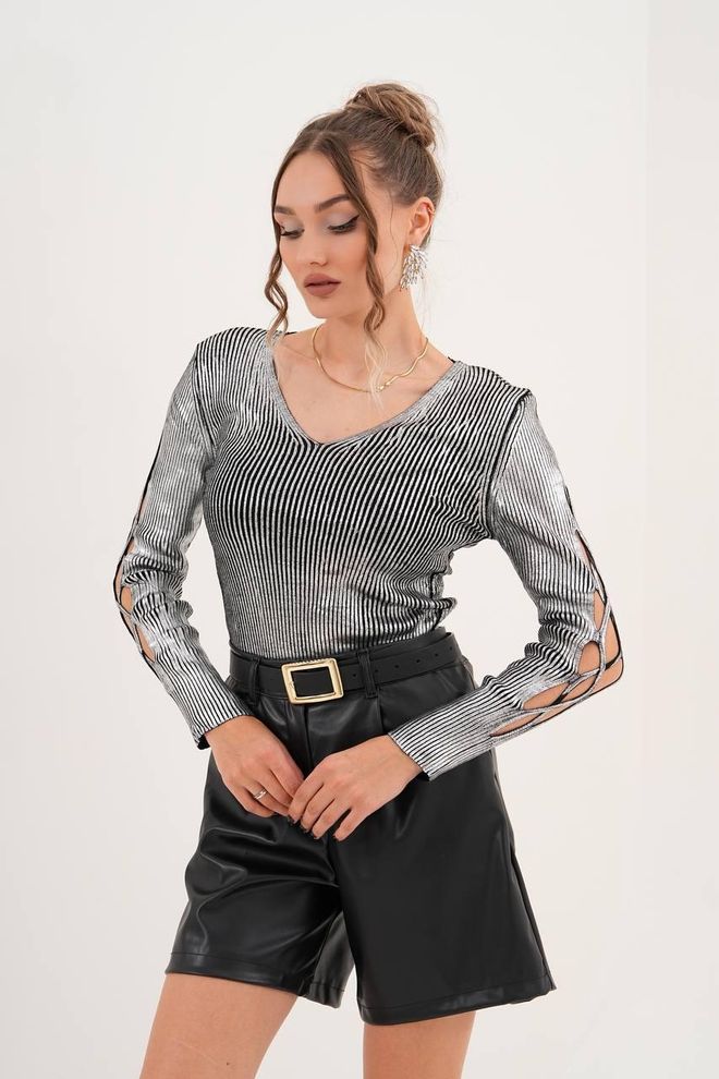 My Jest Fashion Silver Striped Slim Fit Sweater With V Neck Wholesale Clothing Casual