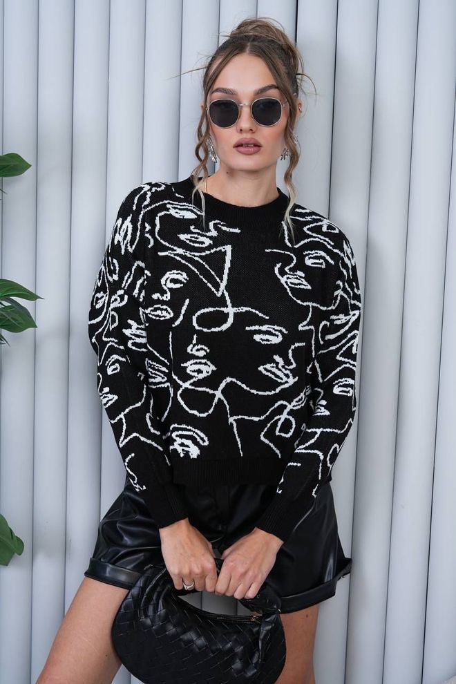 My Jest Fashion Μαύρο Πουλόβερ Με Στρογγυλή Λαιμόκοψη Και Μακριά Μανίκια Χονδρικό εμπόριο ενδυμάτων Casual