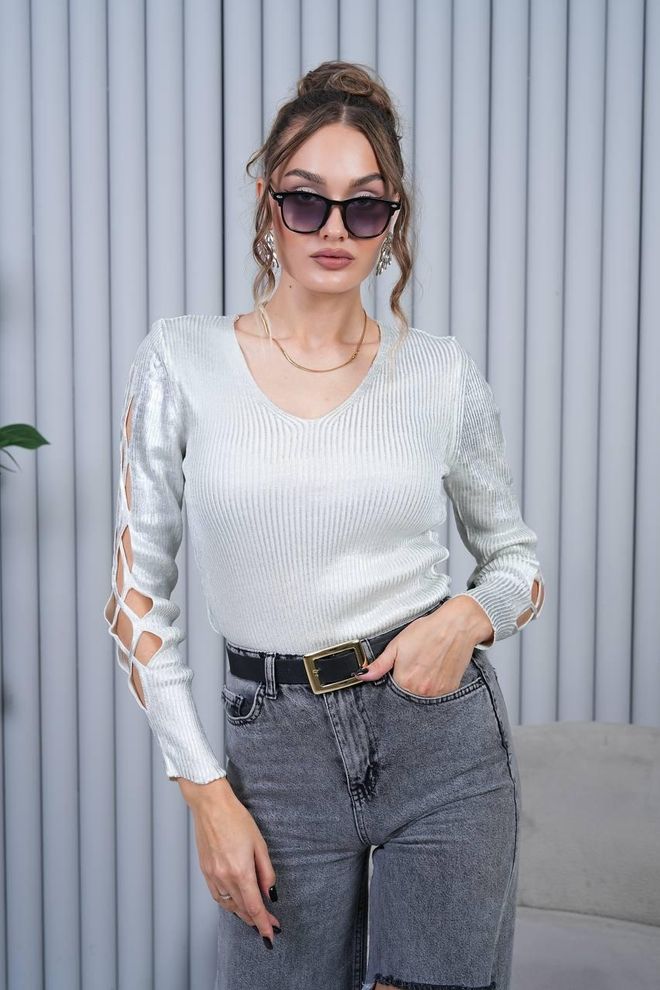My Jest Fashion Silver Striped V Neck Slim Fit Sweater Wholesale Clothing Casual