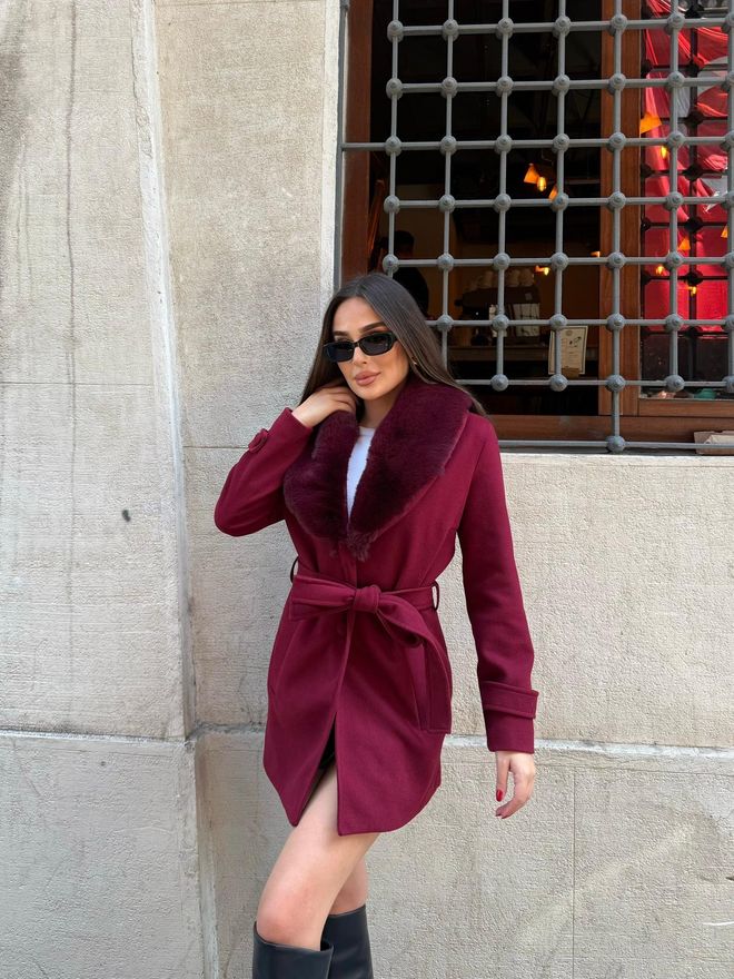 My Jest Fashion Abrigo Rojo Clarete Elegante Envolvente Con Pelo Ropa al por mayor Casual