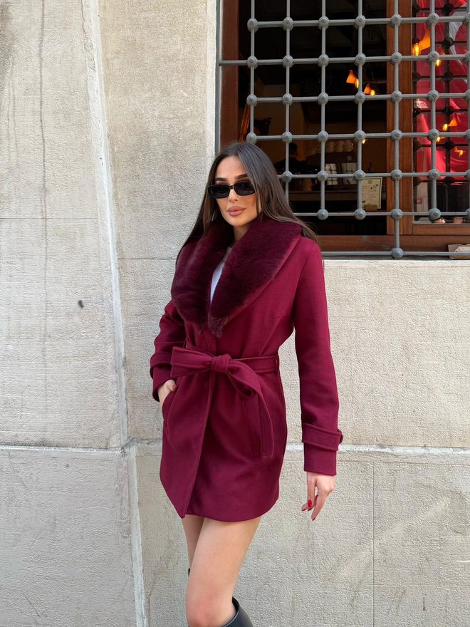 My Jest Fashion Bordeauxrot Eleganter Fell Wrapover Mantel Großhandelskleidung 1