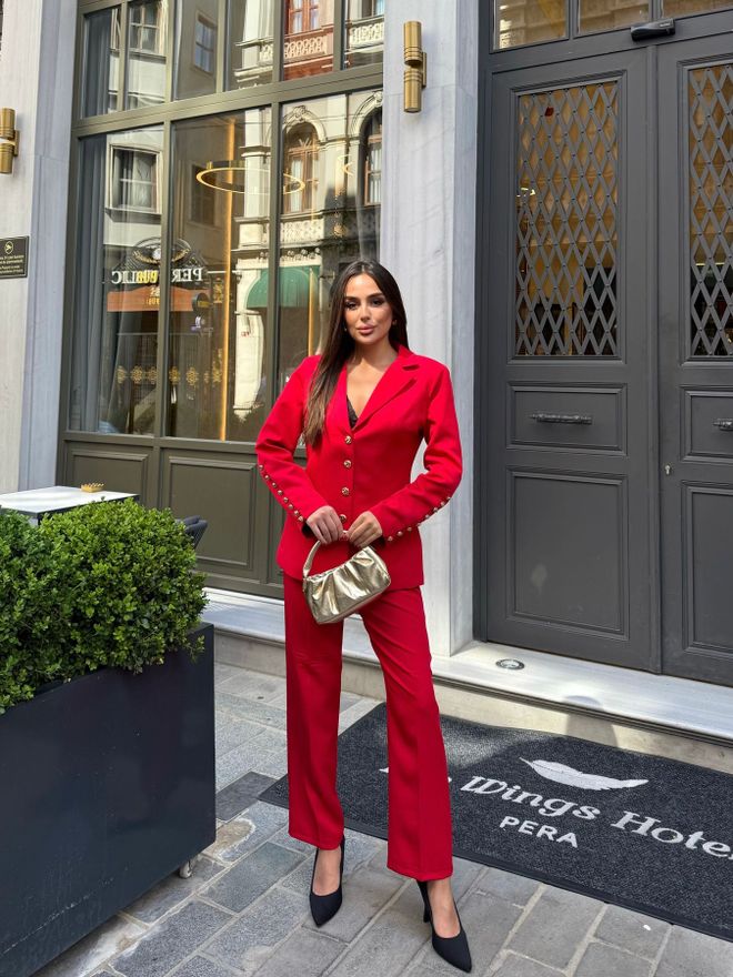My Jest Fashion Κόκκινο Επίσημο Ταγέρ Με Παντελόνι Σμόκιν Χονδρικό εμπόριο ενδυμάτων Κομψό