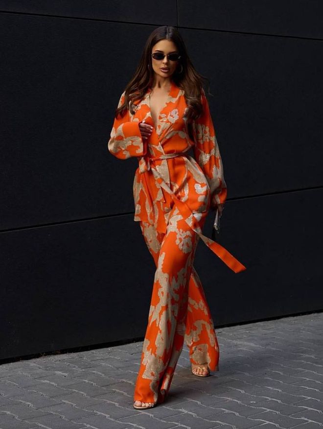 My Jest Fashion Eleganten Oranžen Komplet S Hlačami Palazzo Oblačila na debelo Ležerno
