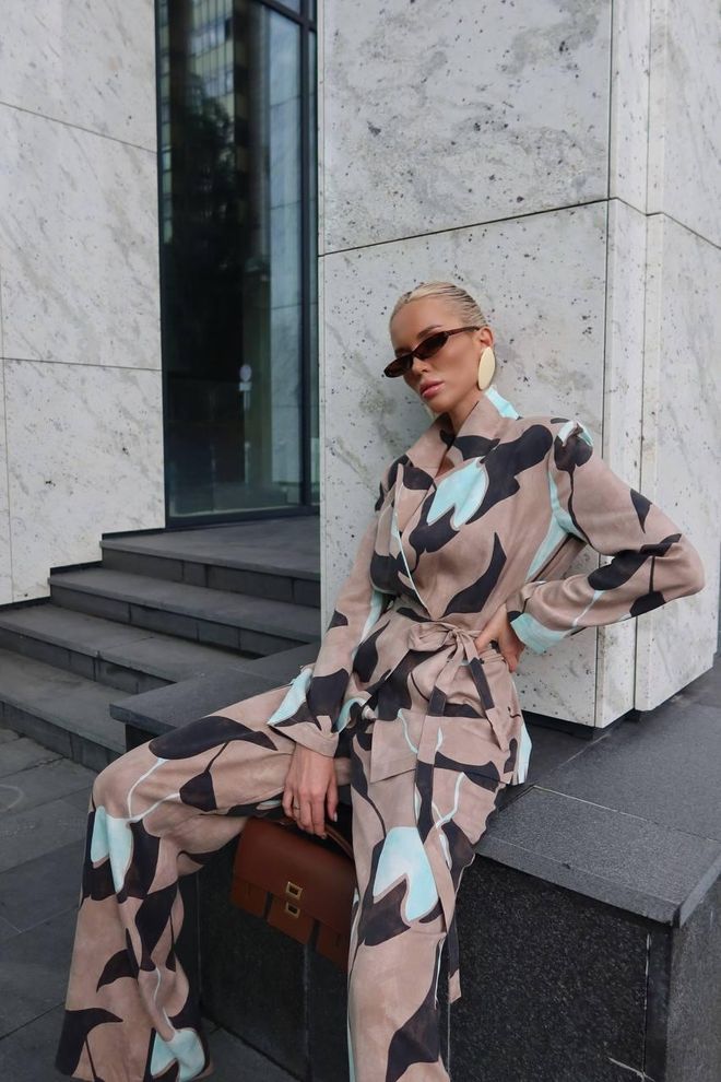 My Jest Fashion Bež Eleganten Set S Cvetličnimi Hlačami Palazzo Oblačila na debelo Ležerno