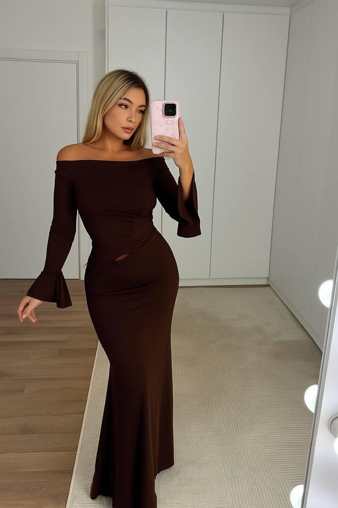 My Jest Fashion Set Rjav Eleganten Formalno Ovratnik Brez Ramen Sirena Maxi Oblačila na debelo Seksi