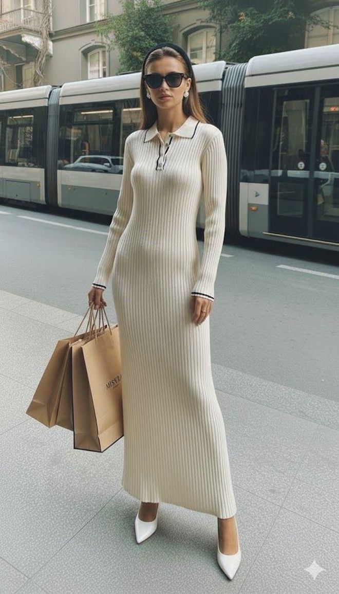 My Jest Fashion Беж Хаљина Скромна Елегантна Џемпер Маки Дуги Рукав Велепродаја одеће скроман