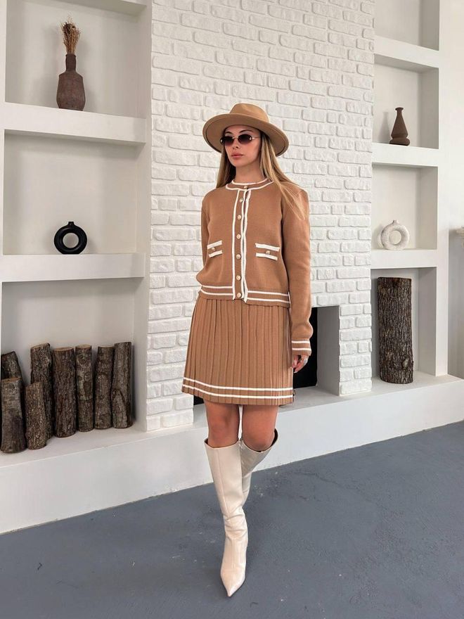 My Jest Fashion Rjav Ležeren Eleganten Set Z Plisirano Mini Krilom Oblačila na debelo Ležerno