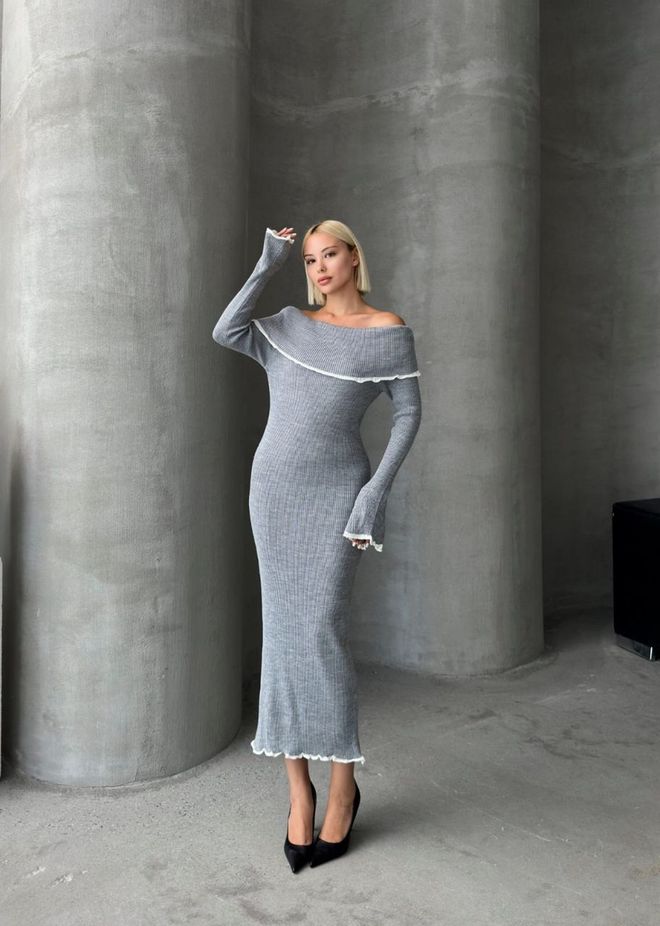 My Jest Fashion Γκρι Κομψό Φόρεμα Θήκη Με Λαιμόκοψη Χωρίς Ωμους Χονδρικό εμπόριο ενδυμάτων Απλό