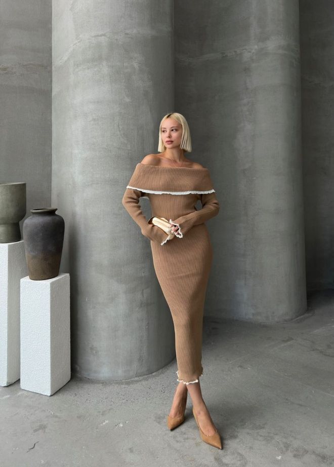 My Jest Fashion Καφέ Κομψό Επίσημο Φόρεμα Θήκη Μίντι Χονδρικό εμπόριο ενδυμάτων Επίσημο