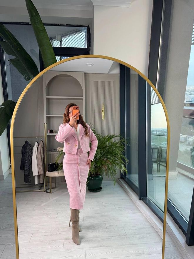 My Jest Fashion Κομψό Ροζ Σετ Με Καρό Μίντι Φούστα Μολύβι Χονδρικό εμπόριο ενδυμάτων Επίσημο