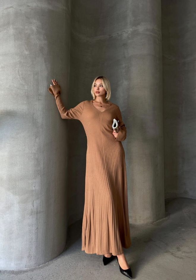 My Jest Fashion فستان بني أنيق على شكل سترة بياقة على شكل حرف V ملابس بالجملة محتشم