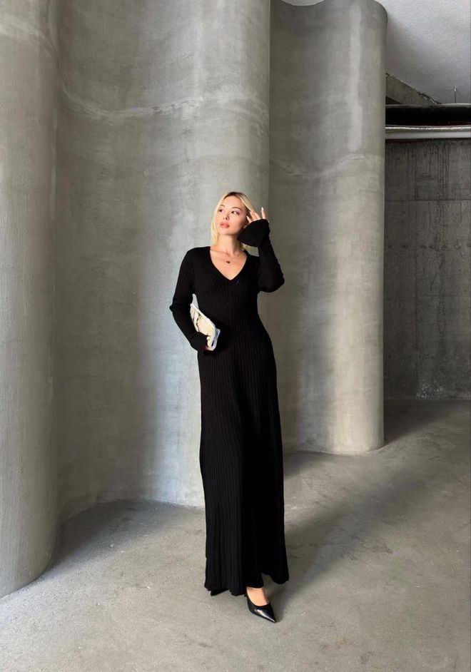 My Jest Fashion Черна Елегантна Рокля До Земята С Пуловер И Ръкави Камбана Дрехи на едро Небрежен