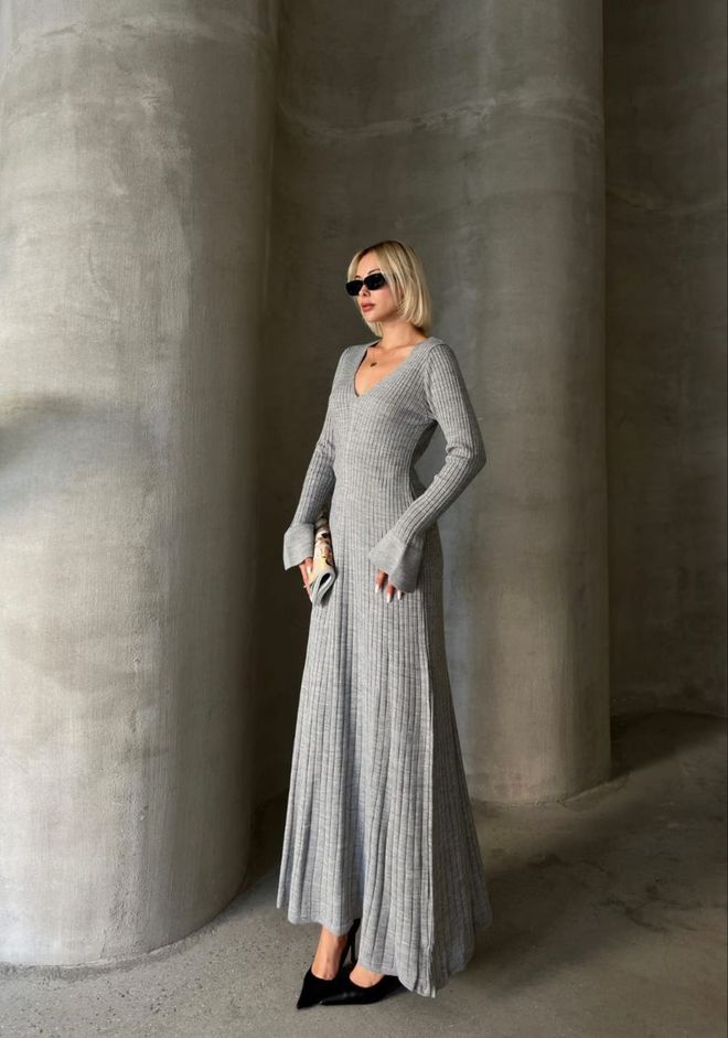 My Jest Fashion Элегантное Серое Платье А силуэта С Полосатыми Рукавами Колокол Оптовая продажа одежды Скромный