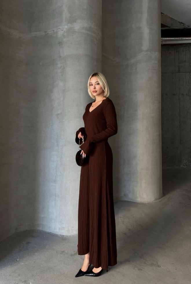 My Jest Fashion فستان بني أنيق من الصوف برقبة على شكل حرف V ملابس بالجملة رَسمِيّ