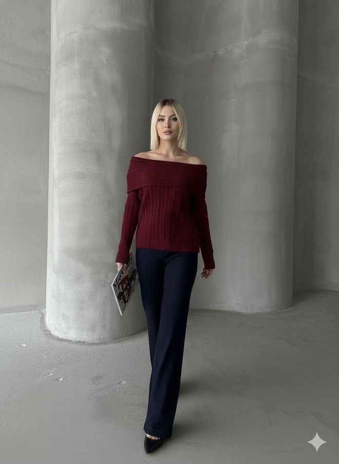 My Jest Fashion Bordeauxrood Trui Met Off Shoulder Hals Groothandel Kleding Casual