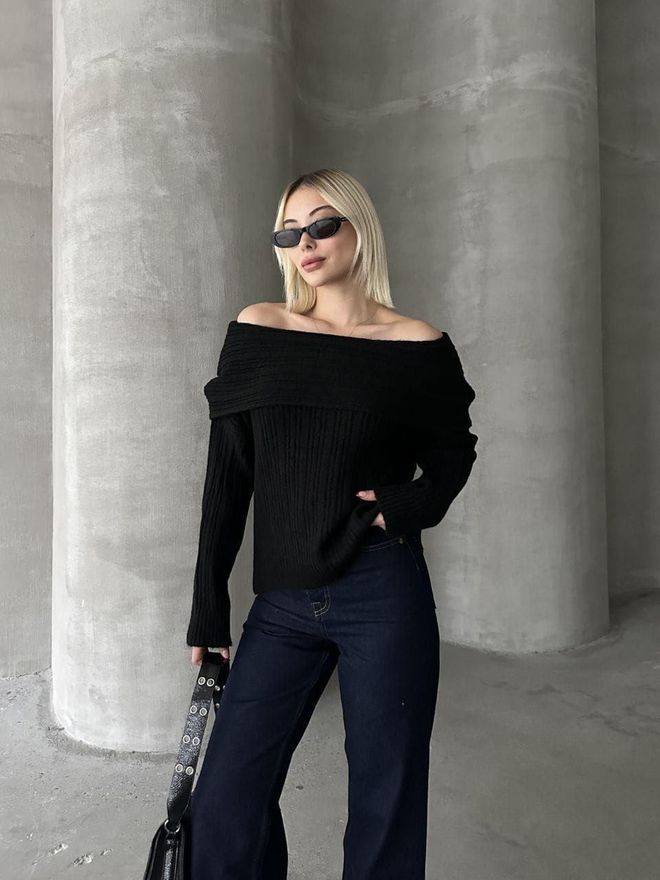 My Jest Fashion Zwarte Trui Elegant Met Off Shoulder Hals En Lange Mouwen Groothandel Kleding Casual