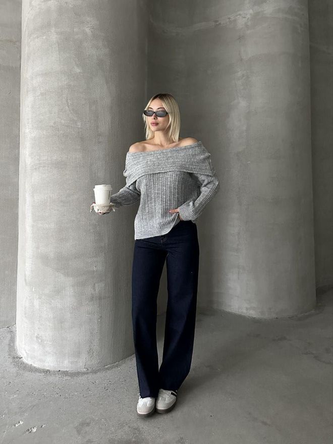 My Jest Fashion Grijze Trui Met Off Shoulder Hals En Regular Fit Groothandel Kleding Casual