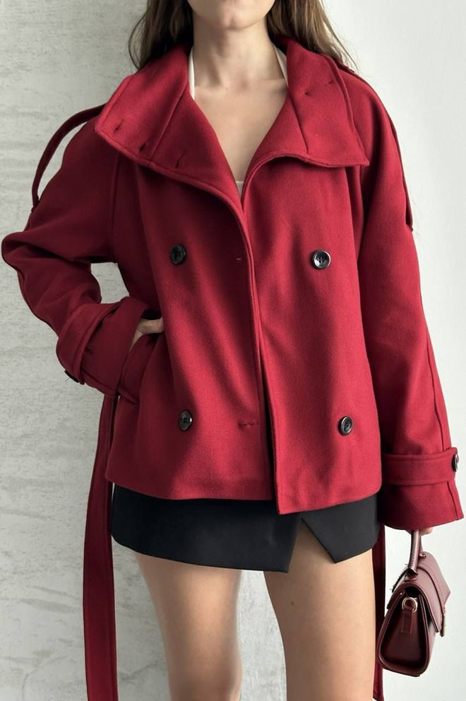 My Jest Fashion Kırmızı Zarif Düğmeli Kaban Kapaklı Cep İle Toptan Giyim Gündelik