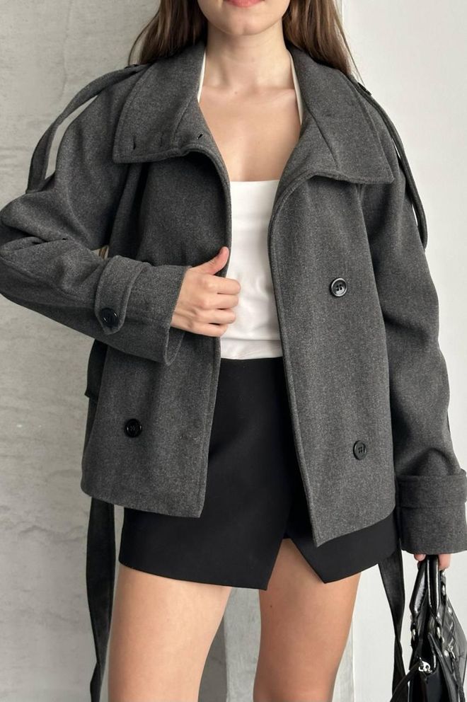 My Jest Fashion Casaco Cinzento Com Botões Duplos E Colar Entalhado Roupas por atacado Vintage