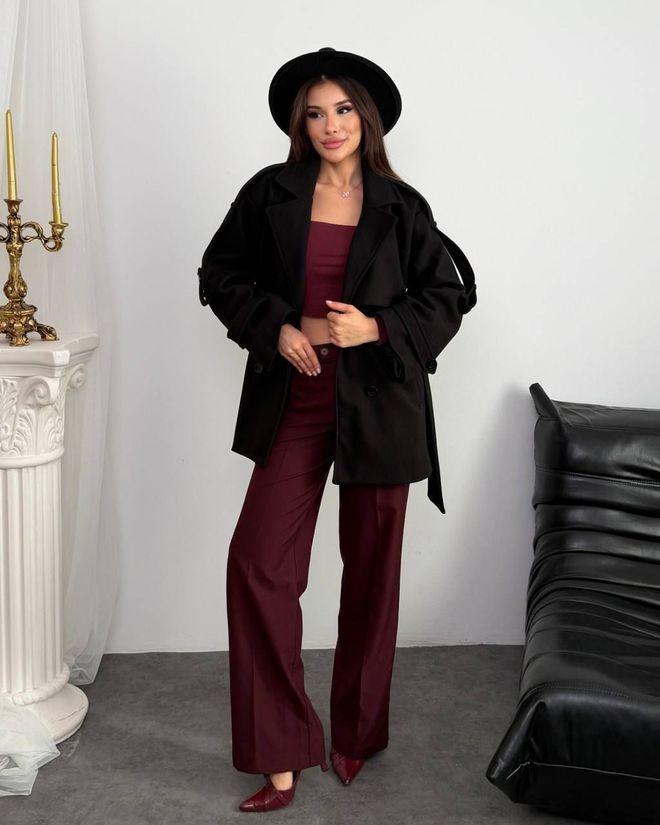 My Jest Fashion معطف أسود أنيق مزدوج الصدر ملابس بالجملة عمل