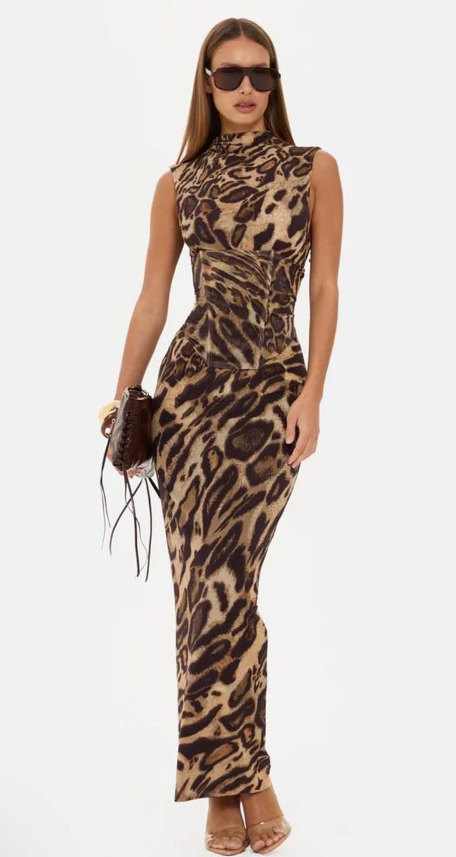 My Jest Fashion Kahverengi Kolsuz Hayvan Baskılı Fit & Düz Elbise Toptan Giyim Seksi