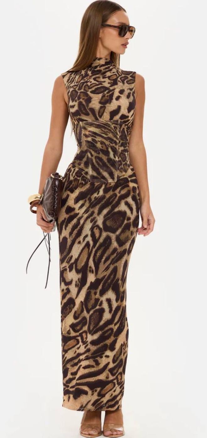 My Jest Fashion Brown Sleeveless Sheath Dress With Animal Print Wholesale Clothing Cocktail