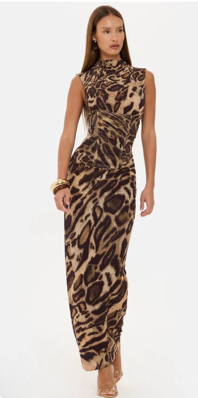 My Jest Fashion Brown Sleeveless Sheath Dress With Animal Print Wholesale Clothing Formal