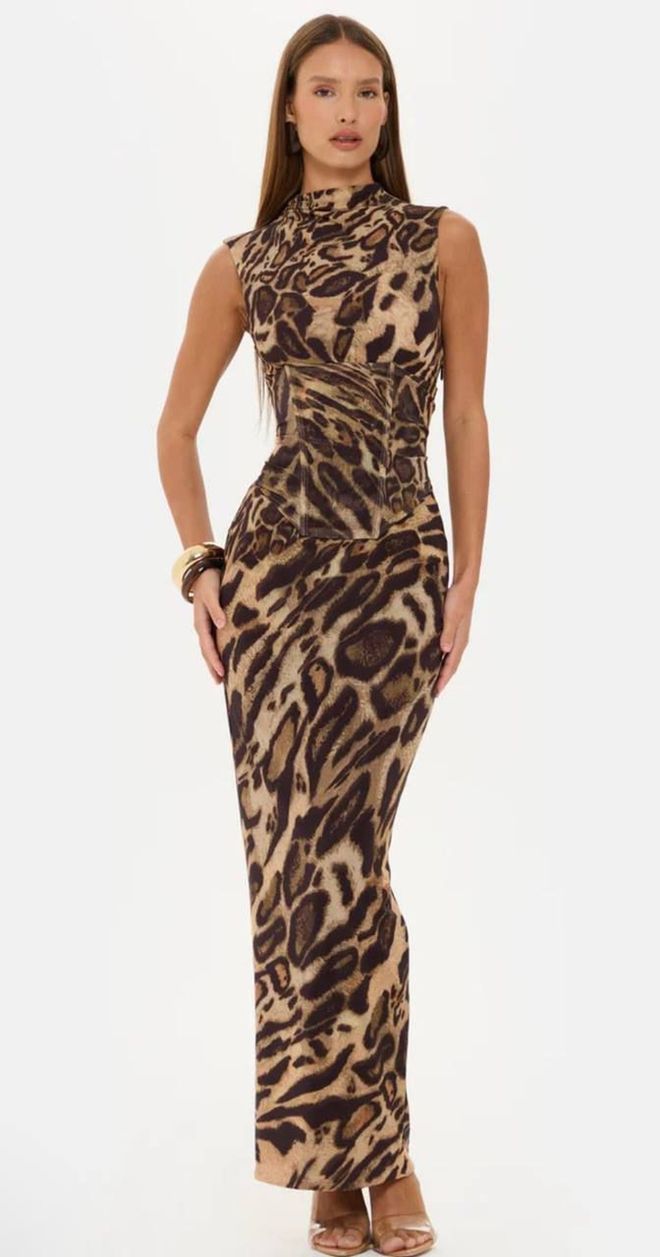My Jest Fashion Brown Sleeveless Sheath Dress With Animal Print Wholesale Clothing 1