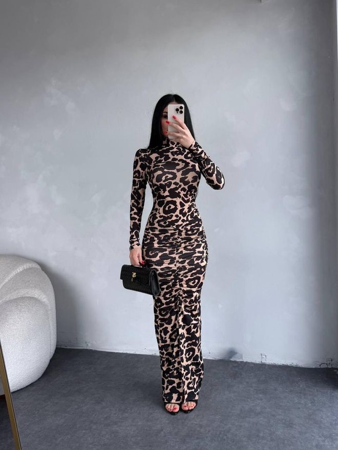 My Jest Fashion فستان اللون البيج بطبعة ليوبارد ماكسي شق ورقبة طويلة وكم طويل ملابس بالجملة جنسي