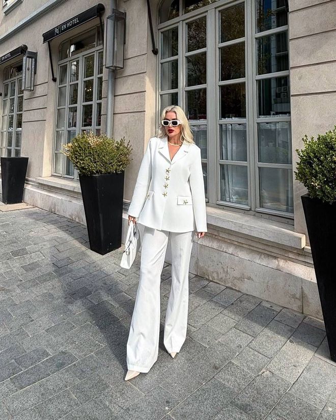 My Jest Fashion Elegante Traje Blanco Con Pantalones Palazzo Y Cuello Entallado Ropa al por mayor Primavera