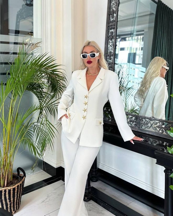 My Jest Fashion Elegante Traje Blanco Con Pantalones Palazzo Y Cuello Entallado Ropa al por mayor Trabajo