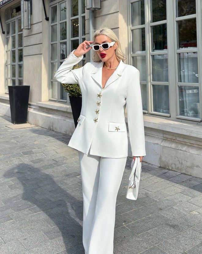 My Jest Fashion Elegante Traje Blanco Con Pantalones Palazzo Y Cuello Entallado Ropa al por mayor 1