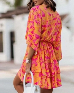 A wholesale clothing model wears MYB10267 - Double Breasted Dress - Orange, Turkish wholesale Dress of MyBee